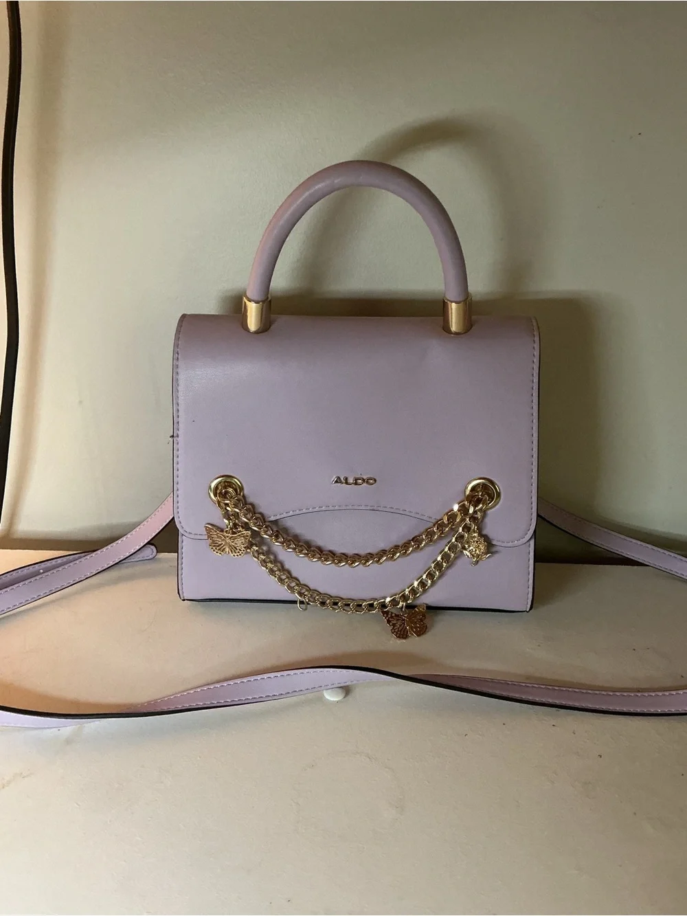 ALDO Lilac Crossbody Tote Handle Bag with Gold Butterfly Chain and Charms